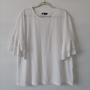 JM Womens White Crew Neck Tiered Ruffle Bell Sleeve Blouse Top Size Large
